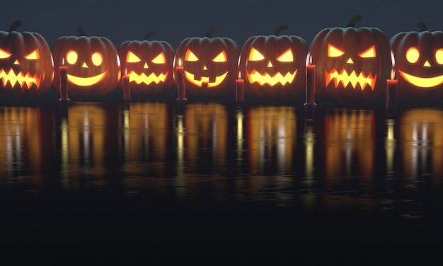 Conjunto de Halloween de abóbora para as férias. Linha de Jack O'Lanterns com velas vermelhas no chão de reflexão. Renderização 3D.