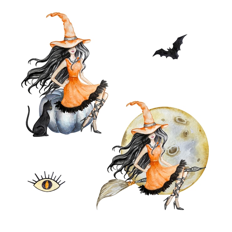 Foto conjunto de halloween em aquarela de bruxa, gato, lua e morcego