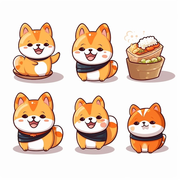 Conjunto de IA generativo de sushi shiba inu desenhado à mão em fundo branco