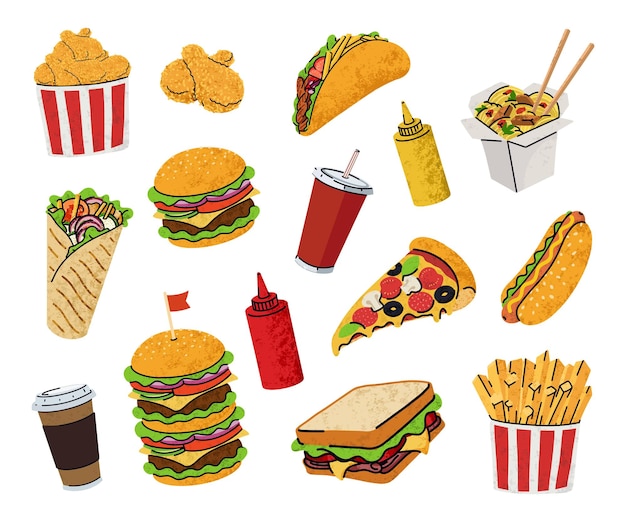conjunto de ícones de desenho animado de fast-food estilo plano simples ilustração de comida de alto teor calórico de rua