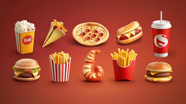 Conjunto de ícones de fast food renderizados em 3D Isolados em um fundo vermelho Inclui pizza, hambúrguer, cachorro-quente, batatas fritas, pipocas e uma bebida