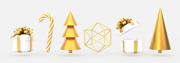 Conjunto de ícones de natal com caixas de presente bastão de doces árvore de natal renderização 3d maquete realista de decorações de ano novo elementos festivos de design branco e dourado isolados no fundo branco