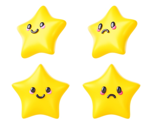 Foto conjunto de ícones de renderização 3d de mascote de expressão de emoção de estrela fofa desenho animado isolado sorrindo e personagem kawaii triste para design de interface do usuário coleção de adorável pequena estrela de emoji frontal e ilustração 3d de ângulo de visão