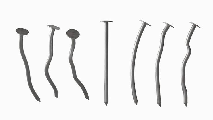 Foto conjunto de ícones de renderização 3d de pregos de ferro picos de hardware de aço retos e dobrados ou pregos com cabeça de círculo ferramentas de construção de pinos curvos de metal realistas isoladas no fundo branco