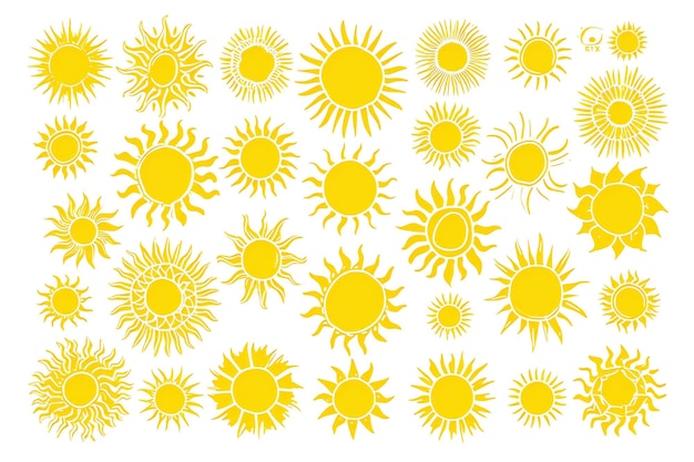 Conjunto de ícones de sol isolados em fundo branco