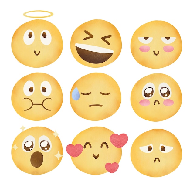 Conjunto de ícones de sorriso emoticon Emoji de desenho animado define tinta aquarela em fundo branco