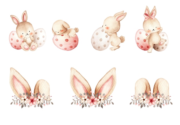 Conjunto de ilustração de coelhinho da Páscoa em aquarela com orelhas, patas e flores em fundo branco