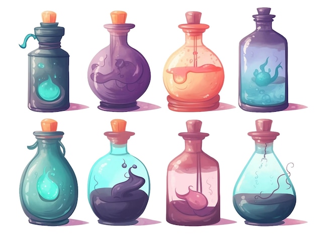 Conjunto de ilustração de garrafas de poção mágica isolada em fundo transparente gerado por IA