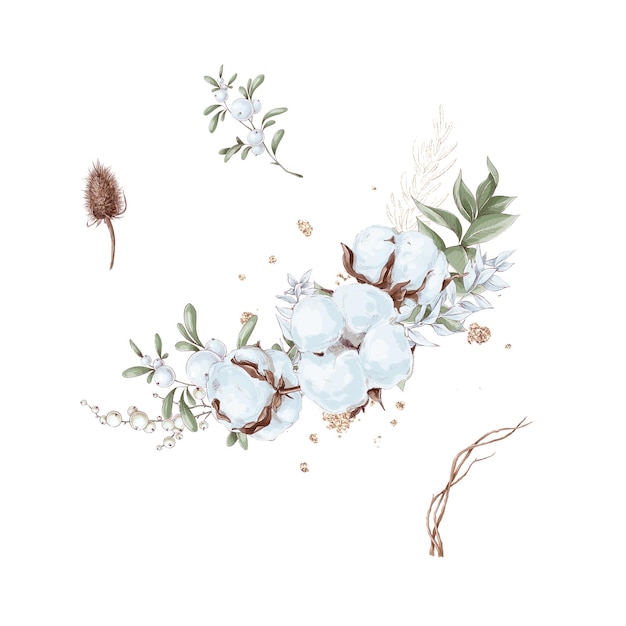 Conjunto de ilustração de natal de buquê de flores de inverno poinsétia algodão e laranja