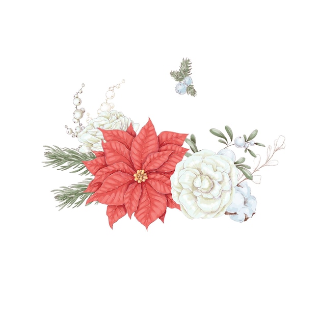 Conjunto de ilustração de natal de buquê de flores de inverno poinsétia algodão e laranja