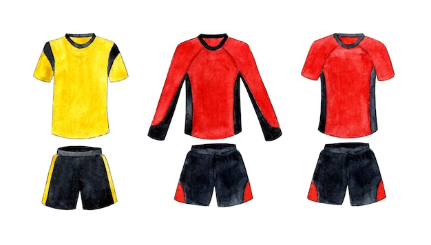 Conjunto de ilustração em aquarela de uniformes de futebol vermelho e amarelo com preto um conjunto de roupas esportivas