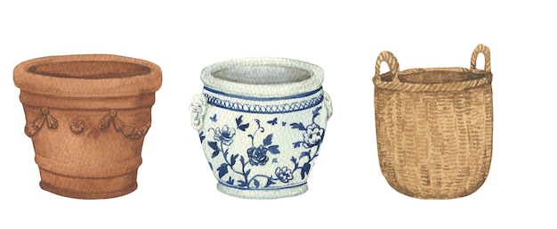 Conjunto de ilustração em aquarela de vasos de flores, pote de barro, pote de chinoiserie, isolado no fundo branco