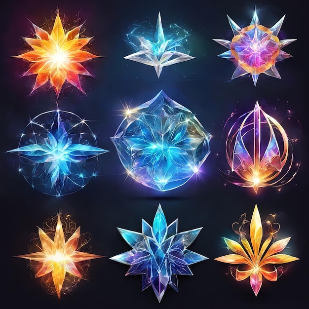 conjunto de ilustração vetorial de estrelas de cristal brilhantescristal mágico com estrelas
