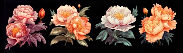 Conjunto de ilustrações artísticas representando peônias Lindo ramo floral para impressão têxtil