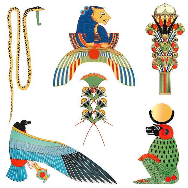 Conjunto de ilustrações de adesivos png de design egípcio remixadas de obras de arte de domínio público