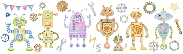 Conjunto de ilustrações de aquarela de robôs de festa