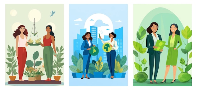 Foto conjunto de ilustrações de mulheres de negócios sorridentes adotando medidas ecológicas no local de trabalho