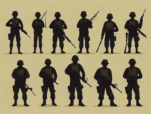 Conjunto de ilustrações de silhueta de soldado de design plano