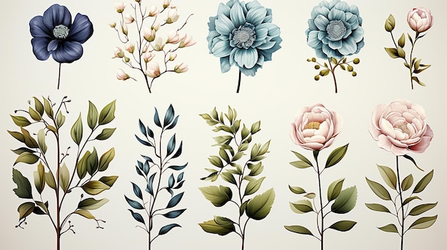 Conjunto de ilustrações florais em aquarela Faça você mesmo blush rosa flor azul folhas verdes elementos individuais
