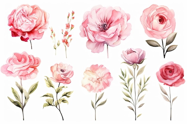 Conjunto de ilustrações florais em aquarela