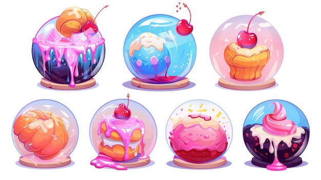 Conjunto de ilustrações modernas de desenhos animados mostrando um incrível planeta de doces Esta doce sobremesa tem a forma de uma bola para ativos espaciais do jogo As deliciosas terras de doces redondas parecem sorvete de croissants com