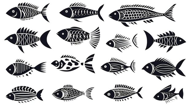 Foto conjunto de ilustrações pretas de peixes