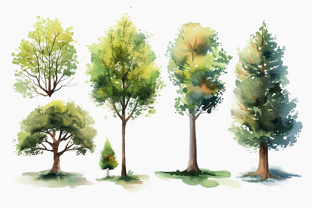 Conjunto de ilustrações vetoriais de coleção de árvores verdes a aquarela