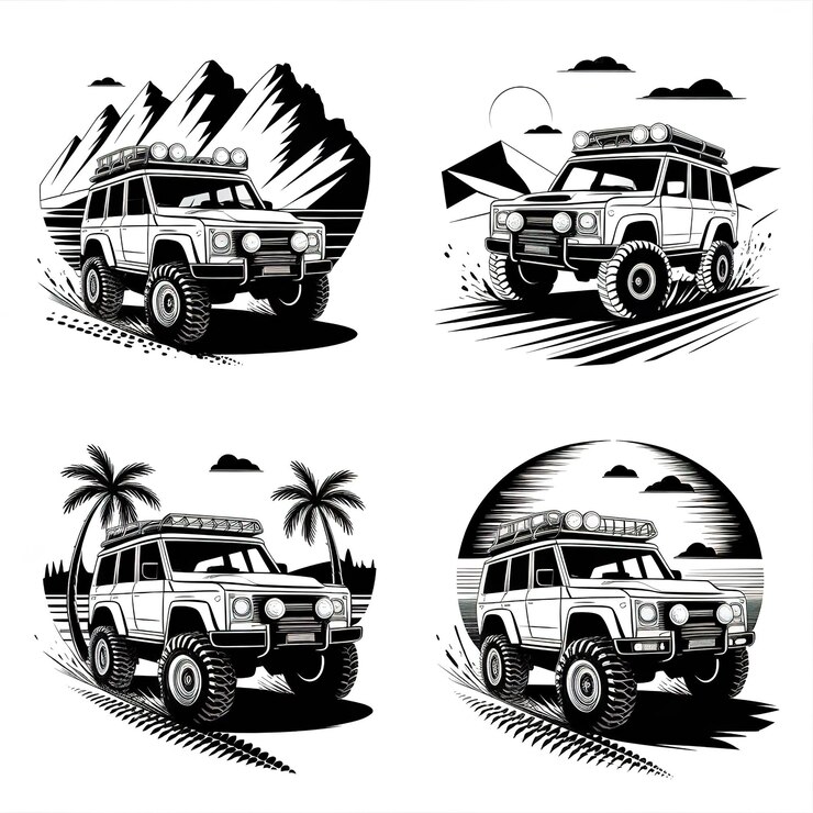 Foto conjunto de ilustrações vetoriais de suv off-road em paisagens tropicais e costeiras de deserto de montanha