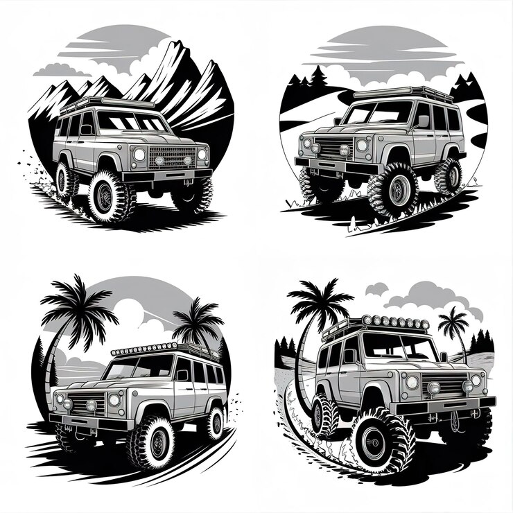 Foto conjunto de ilustrações vetoriais de suv off-road em paisagens tropicais e costeiras de deserto de montanha