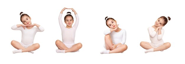 Conjunto de imagens da menina bailarina em maiô branco e saia sentada em diferentes poses