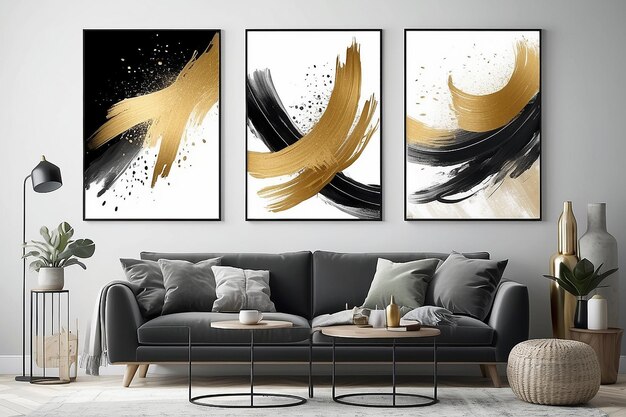 Foto conjunto de impressão de arte abstrata arte abstrata criativa moderna trazimentos de pincel dourado desenho de textura para decoração de parede papel de parede cartão de cartaz impressão mural pendurada