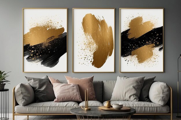 Conjunto de impressão de arte abstrata arte abstrata criativa moderna trazimentos de pincel dourado desenho de textura para decoração de parede papel de parede cartão de cartaz impressão mural pendurada