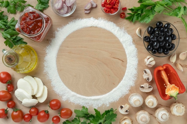 Conjunto de ingredientes para fazer pizza caseira