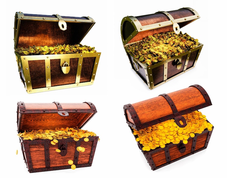 Foto conjunto de inúmeras moedas de ouro derramadas do cofre do tesouro cofre de madeira de estilo antigo firmemente montado com tiras de metal enferrujado renderização 3d