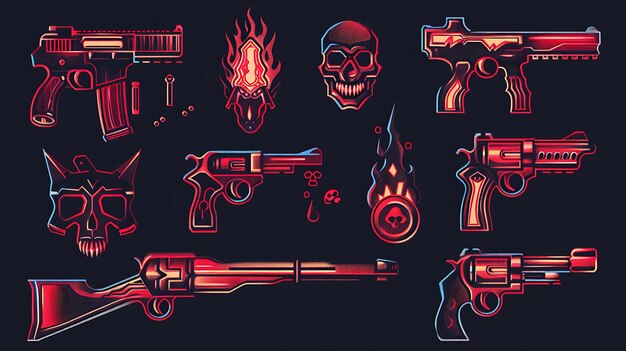 Conjunto de itens de pixel de arma com crânios e ossos cruzados e chamas com Da Game Asset Tshirt Concept Art