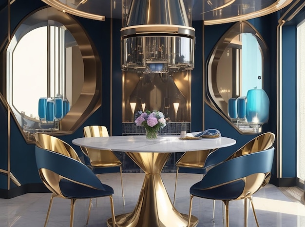 Conjunto de jantar de luxo de renderização 3D na moderna sala de jantar de luxo sala de iluminação futurista