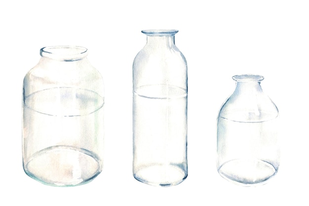 Conjunto de jarra de vaso de garrafa de vidro transparente de ilustração de aquarela de diferentes formas em branco