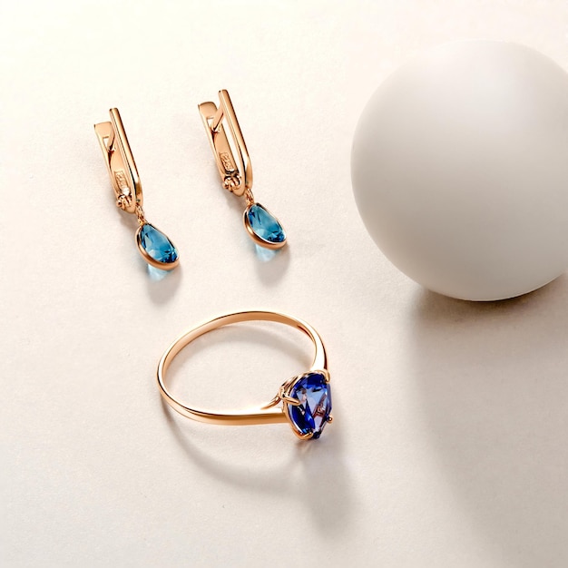 Conjunto de joias elegantes Conjunto de joias com pedras preciosas Conceito de natureza morta do produto Colar e brincos de anel