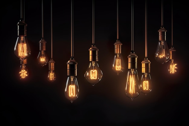 Conjunto de lâmpadas penduradas lâmpadas vintage em fundo escuro Generative AI