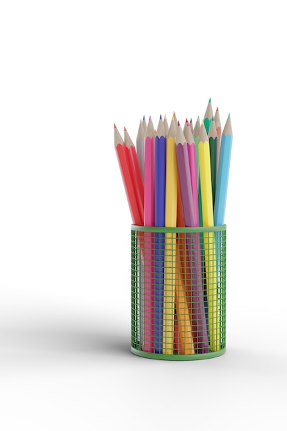 Conjunto de lápis de cor em uma cesta isolada no branco.