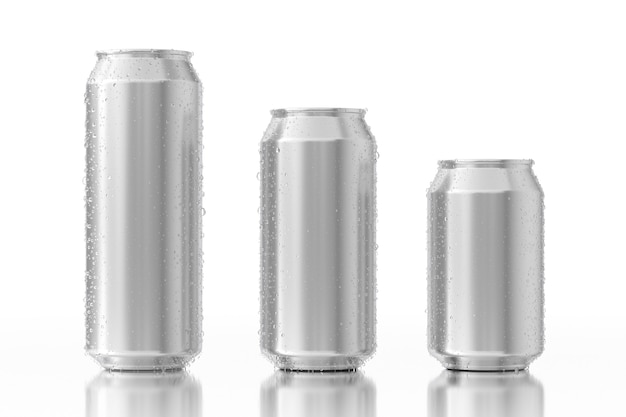 Conjunto de latas de alumínio em branco com gotas de água sobre um fundo branco. Renderização 3D