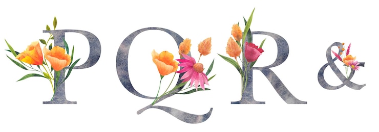 Foto conjunto de letras p q r com aquarela flores silvestres alfabeto floral isolado com bouquet botânico iniciais de monograma perfeitamente para convite de casamento cartão de felicitações de aniversário e outro design
