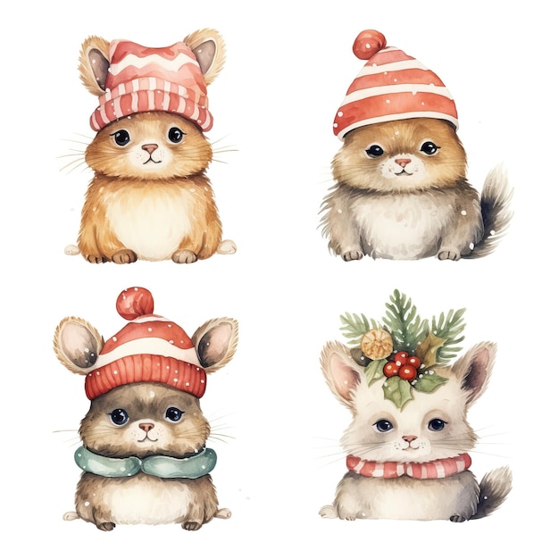 Conjunto de lindos animais de Natal estilo aquarela