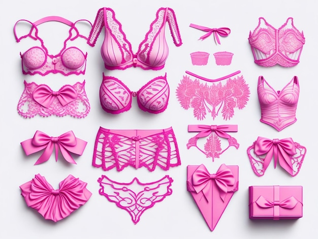 Conjunto de lingerie rosa e caixas de presente na vista superior de fundo branco