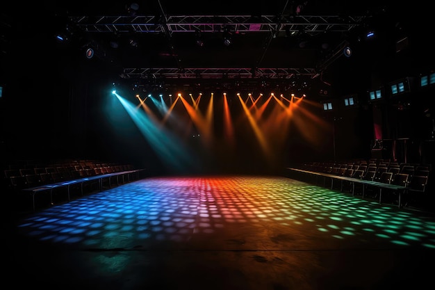 Conjunto de luzes de palco coloridas iluminando um teatro vazio Generative AI