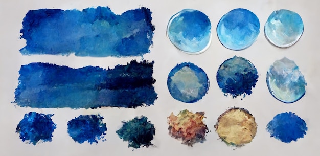 Conjunto de manchas pintadas em aquarela azul brilhante, tinta de fundo aquarela azul aqua