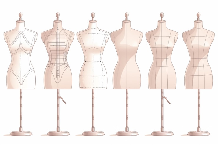 Foto conjunto de manequins de design de moda com grades de medição e linhas para alfaiataria