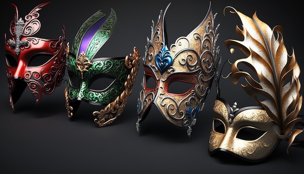 Conjunto de máscaras de carnaval isoladas em um fundo pretoBelo com design para o carnaval do Brasil Feliz Carnaval Brasil América do Sul Carnaval AI