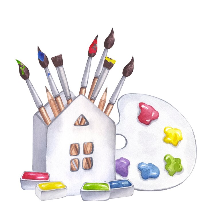 Foto conjunto de materiais de arte paleta de cores pincéis em cerâmica branca casa cuvettes tempera gouache óleo acrílico ilustração de aquarela desenhada à mão fundo isolado para impressão de cartões postais