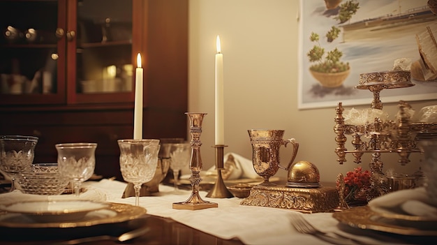 Conjunto de mesa de sala de jantar com velas e pratos de Páscoa